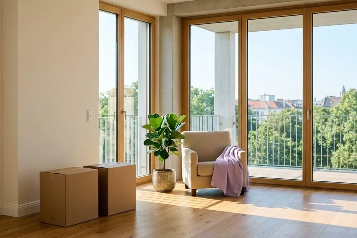 Helle neue Wohnung mit bereitstehenden Umzugskartons